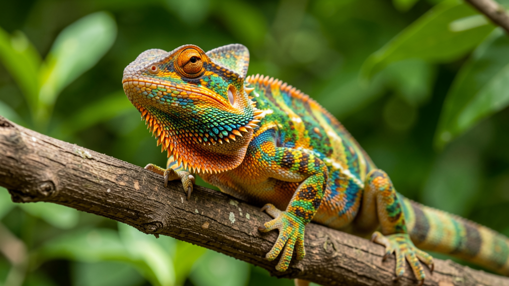 Colorful reptile on branch